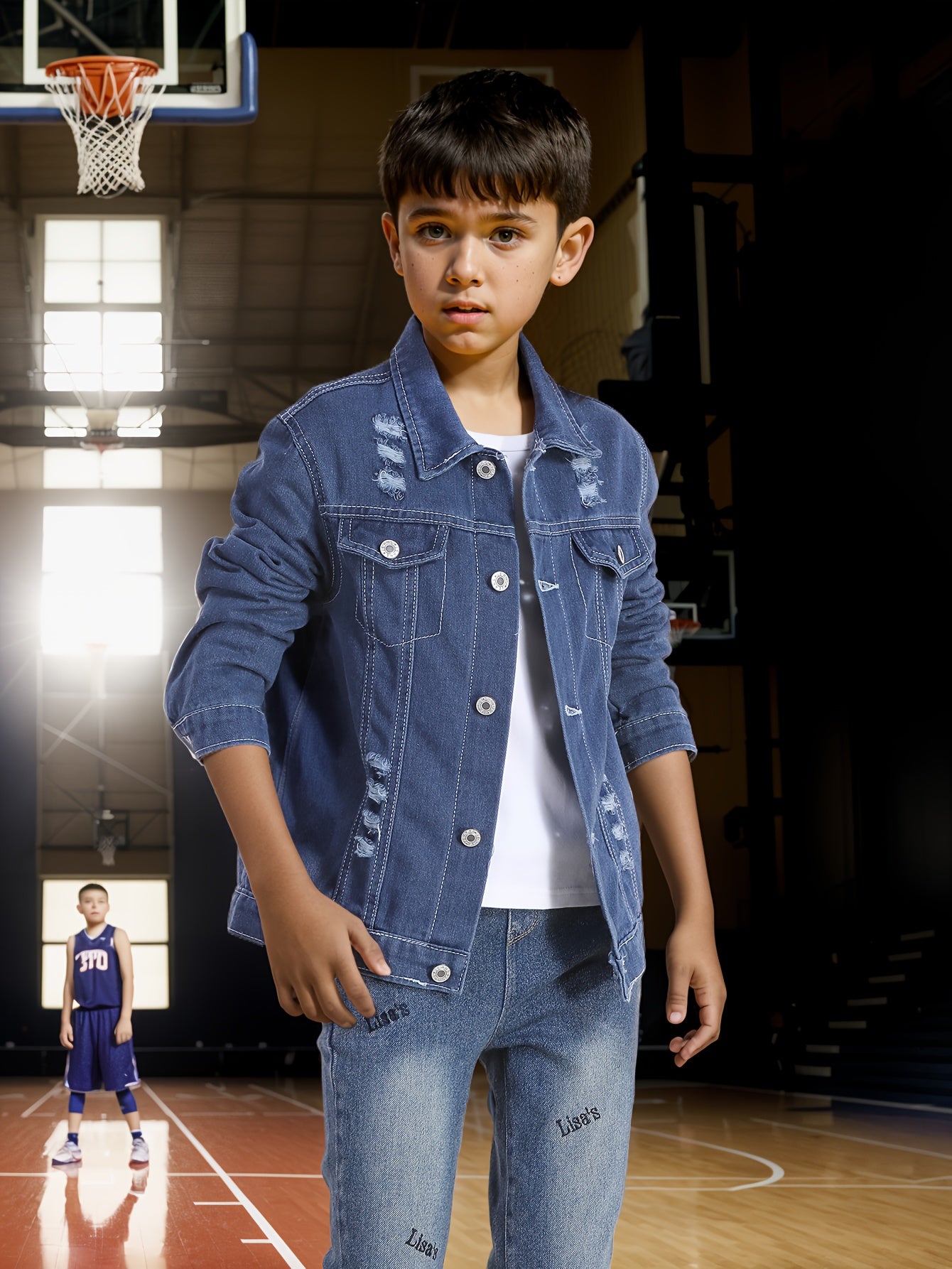 Boys Casual Long Sleeve Ripped Denim Jacket With Pockets, Button Up Lapel Long Sleeve Jacket, Boys Clothes Outdoor