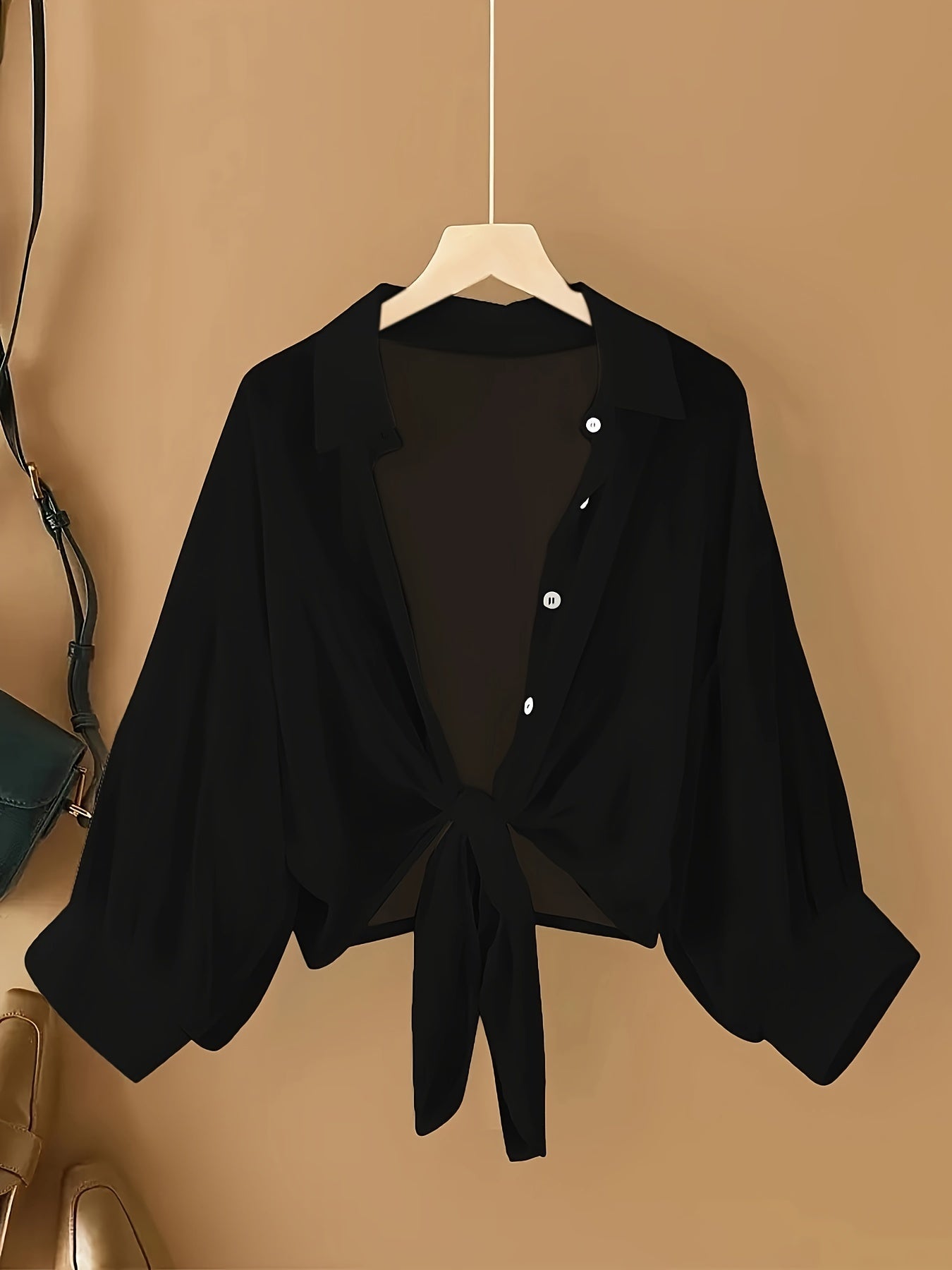 Solid Single Button Chiffon Blouse, Versatile Drop Shoulder Blouse For Spring & Fall, Women's Clothing