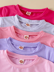 5-Piece Girls’ Vibrant Solid Color T-shirt Set - Comfortable Cotton Blend, Perfect for Summer & Outdoor Playtime