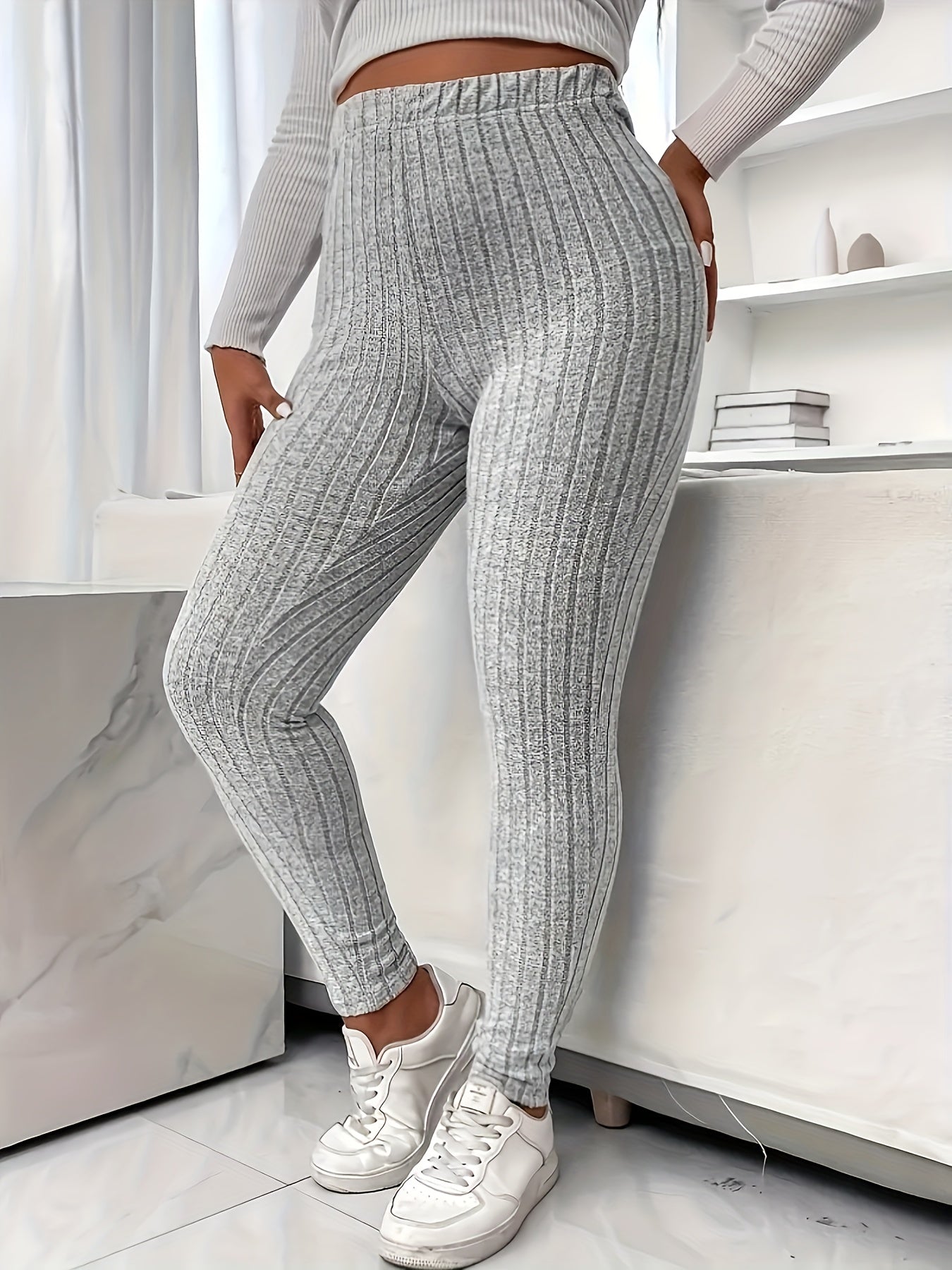 Plus Size Solid Ribbed Knit Leggings, Casual High Waist Leggings For Fall & Winter, Women's Plus Size Clothing