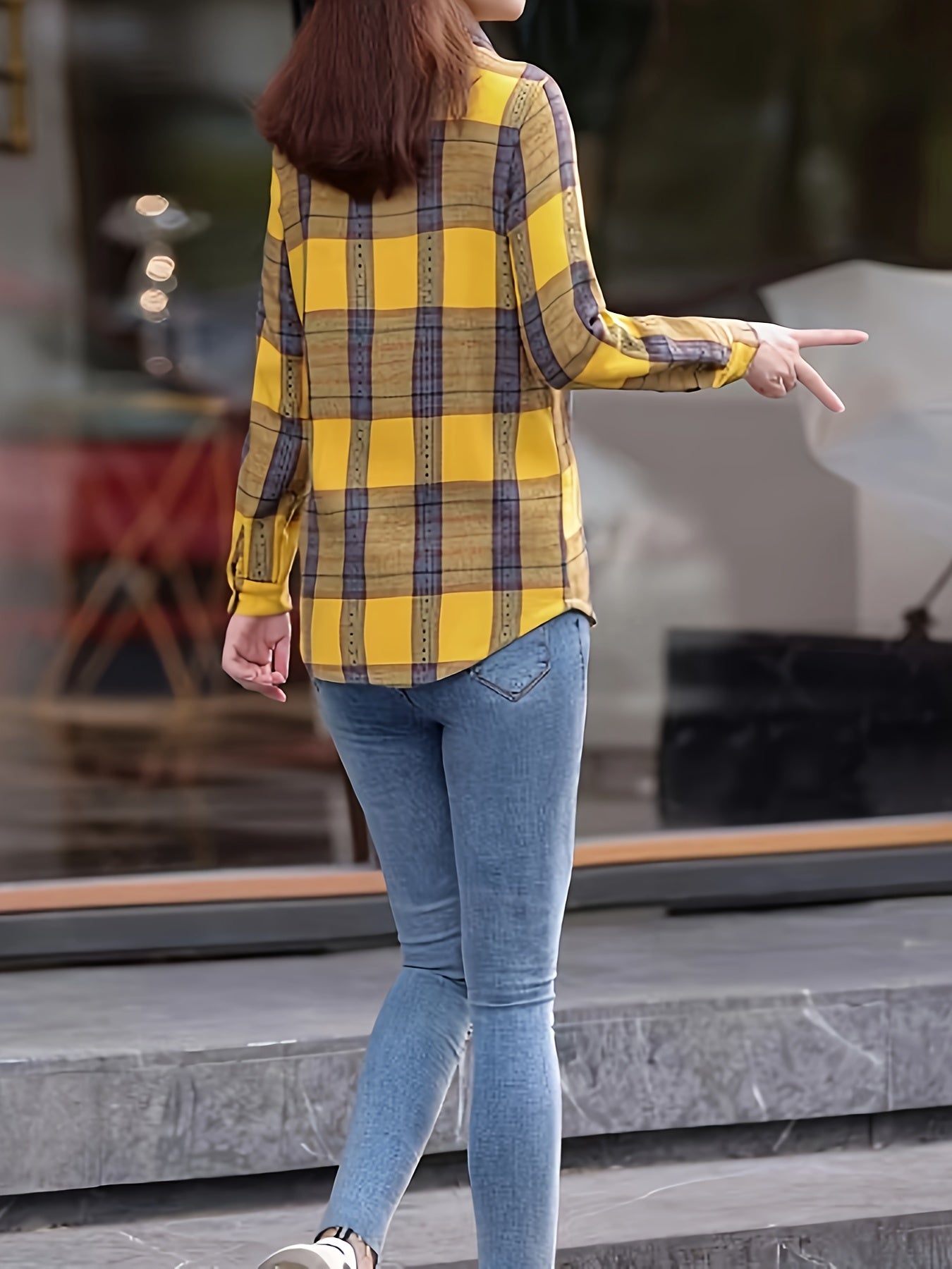 Plaid Print Button Front Blouse, Casual Long Sleeve Blouse For Spring & Fall, Women's Clothing