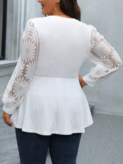 Plus Size Floral Lace Stitching T-Shirt, Casual Crew Neck Long Sleeve T-Shirt, Women's Plus Size Clothing