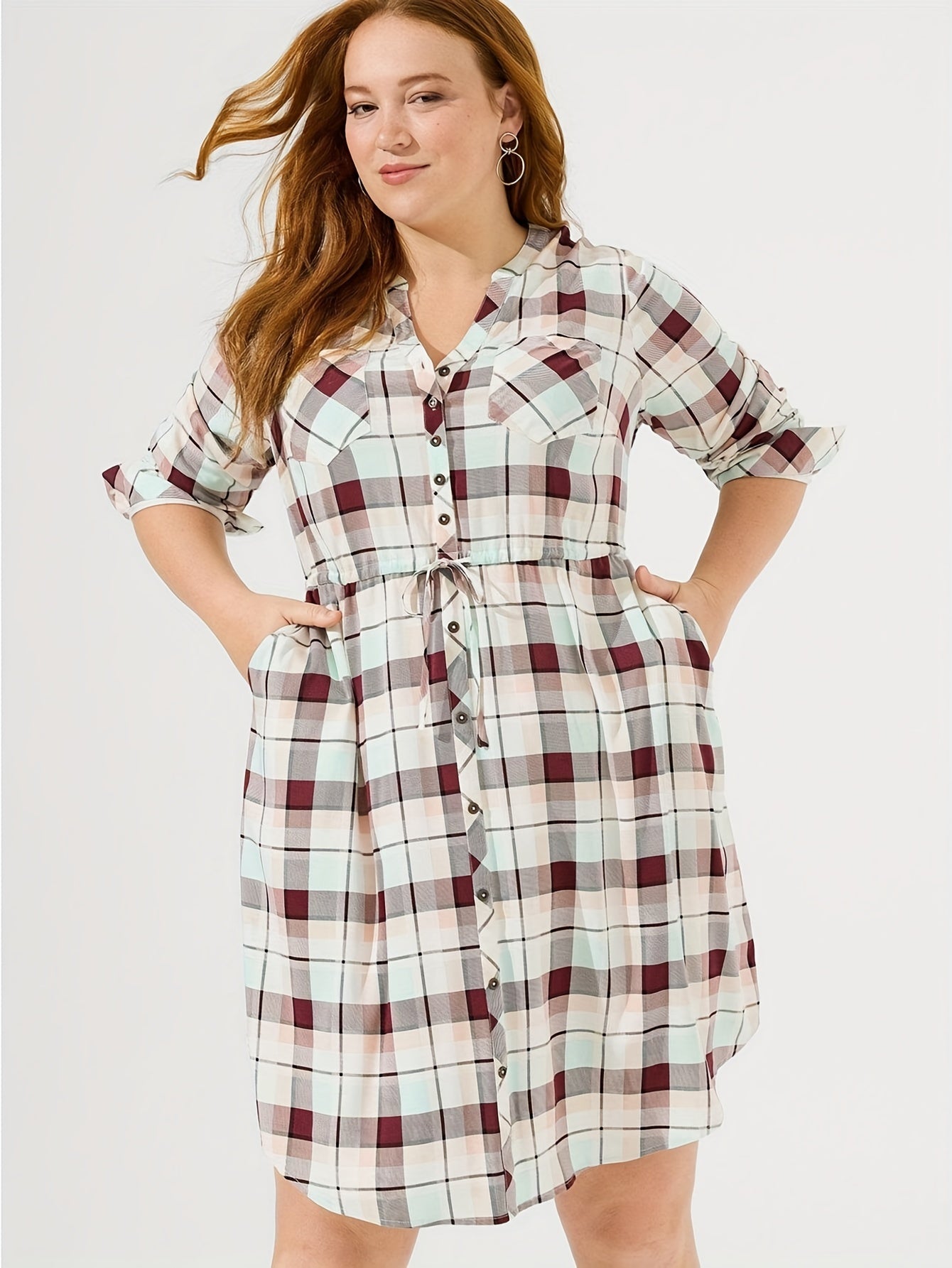 Plus Size elegant Dress, Women's Plus Plaid Print Drawstring Button Up Long Sleeve V Neck Shirt Dress