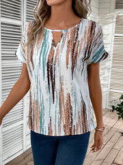 Abstract Print Keyhole Crew Neck Blouse, Casual Short Sleeve Blouse For Spring & Summer, Women's Clothing