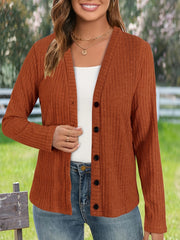 Button Front V Neck Knitted Cardigan, Casual Long Sleeve Solid Cardigan For Spring & Fall, Women's Clothing