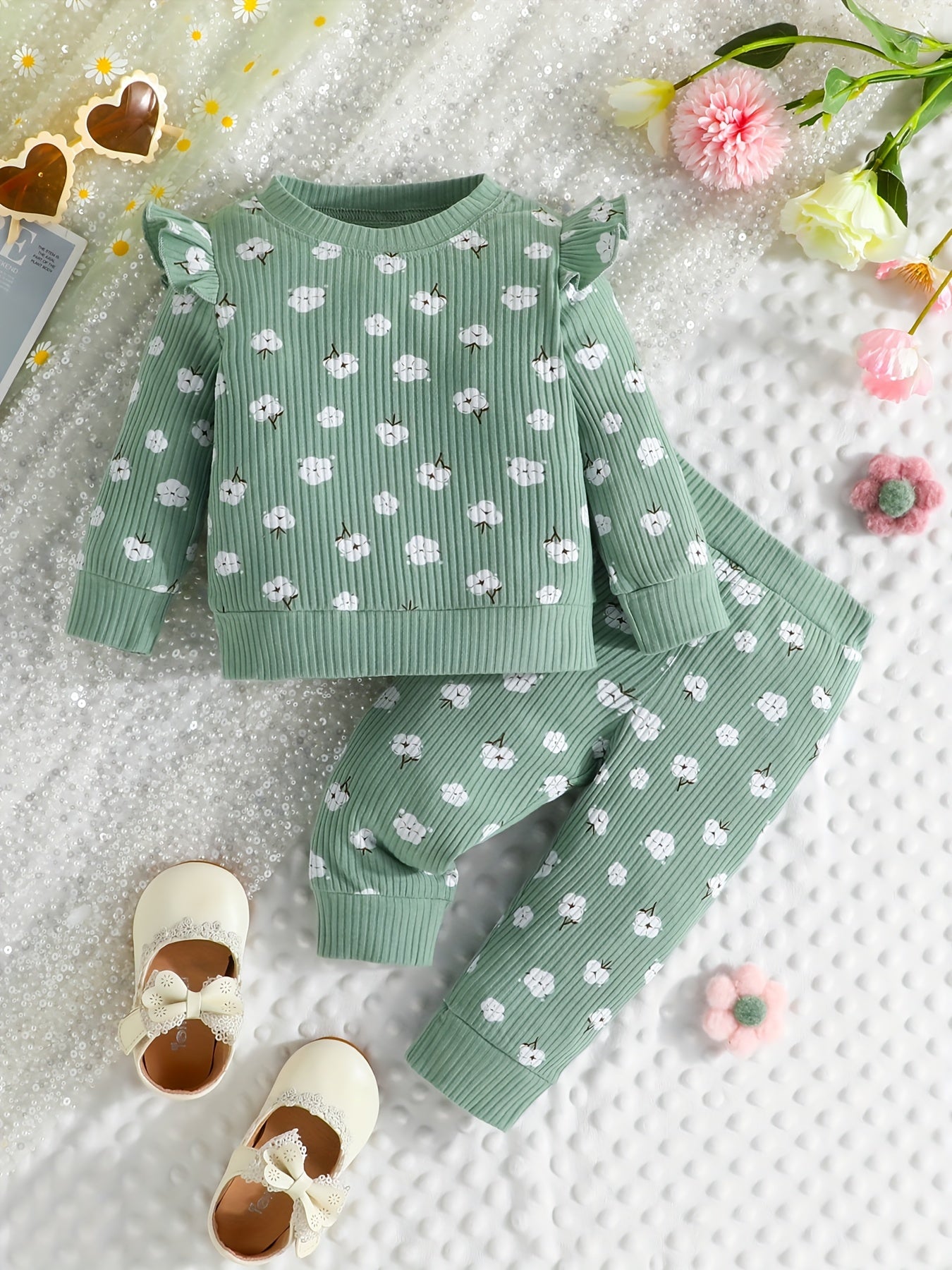 Infant Baby Girl Cute Pink Flowers Graphic Long Sleeve Pullover Top + Pants Set, Toddler's Cotton Thermal Clothes