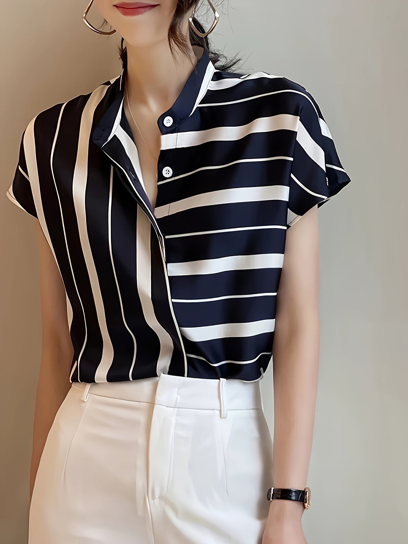 Stripe Print Button Front Blouse, Casual Short Batwing Sleeve Top For Spring & Summer, Women's Clothing