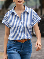 Striped Print Button Front Shirt, Casual Short Sleeve Shirt For Spring & Summer, Women's Clothing