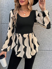 Abstract Print 2 In 1 Blouse, Elegant Scoop Neck Long Sleeve Flare Top For Spring & Fall, Women's Clothing