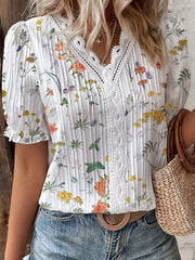 Floral Print Lace Trim Blouse, Vacation Striped V Neck Short Sleeve Blouse, Women's Clothing