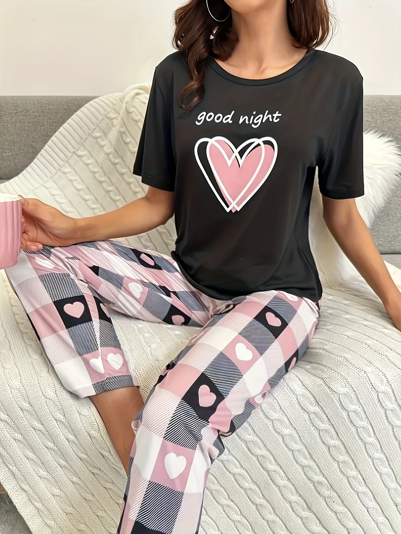 Romantic Heart Print Womens Two-piece Set - Lightweight Short Sleeve T-shirt & Flattering Wide Leg Pants Outfit - Fashionable Casual Wear for Everyday Style