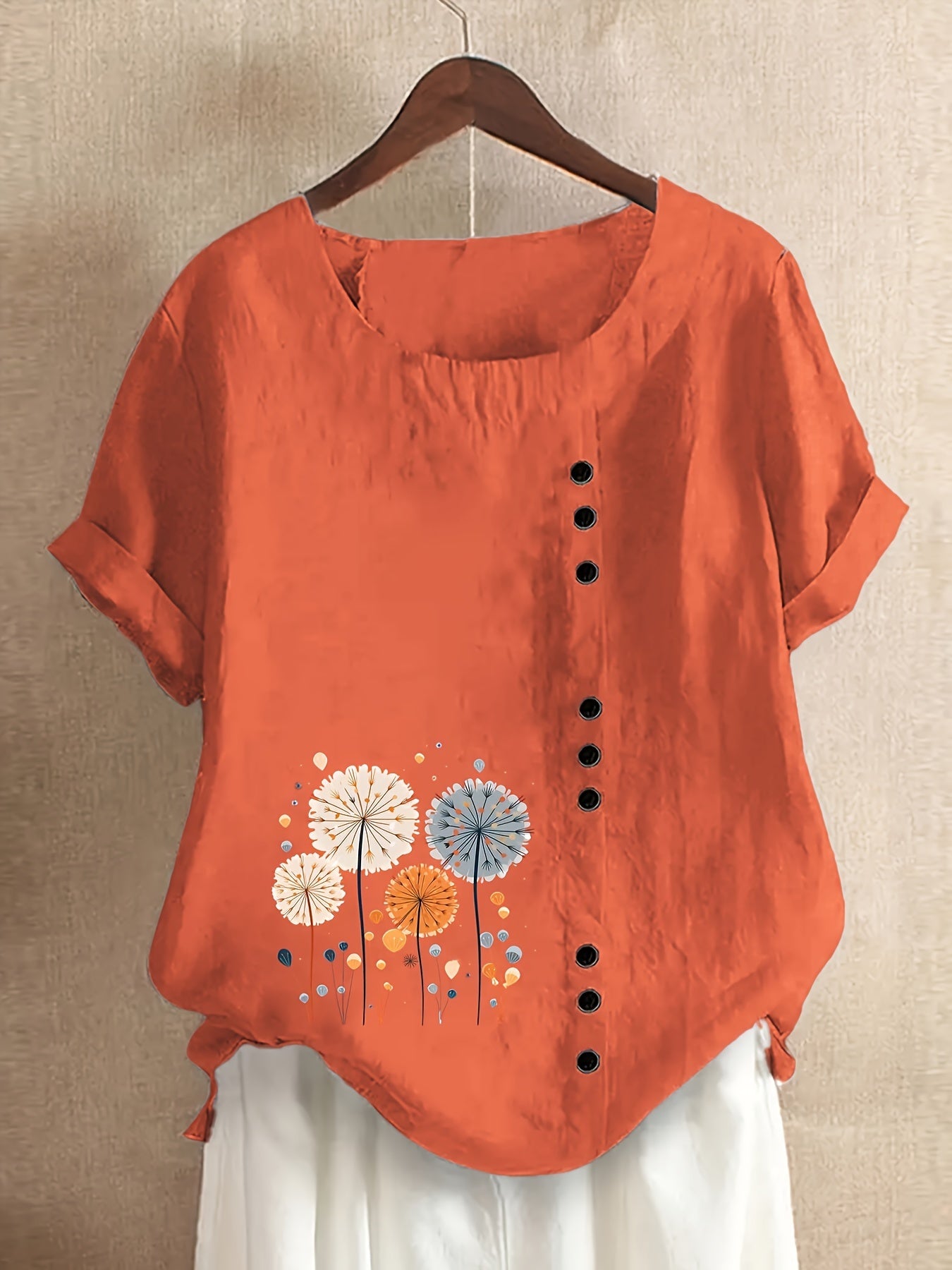 Dandelion Print Crew Neck Blouse, Casual Button Decor Short Sleeve Top For Spring & Summer, Women's Clothing