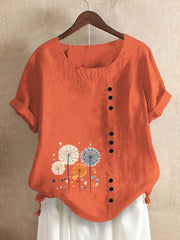 Dandelion Print Crew Neck Blouse, Casual Button Decor Short Sleeve Top For Spring & Summer, Women's Clothing