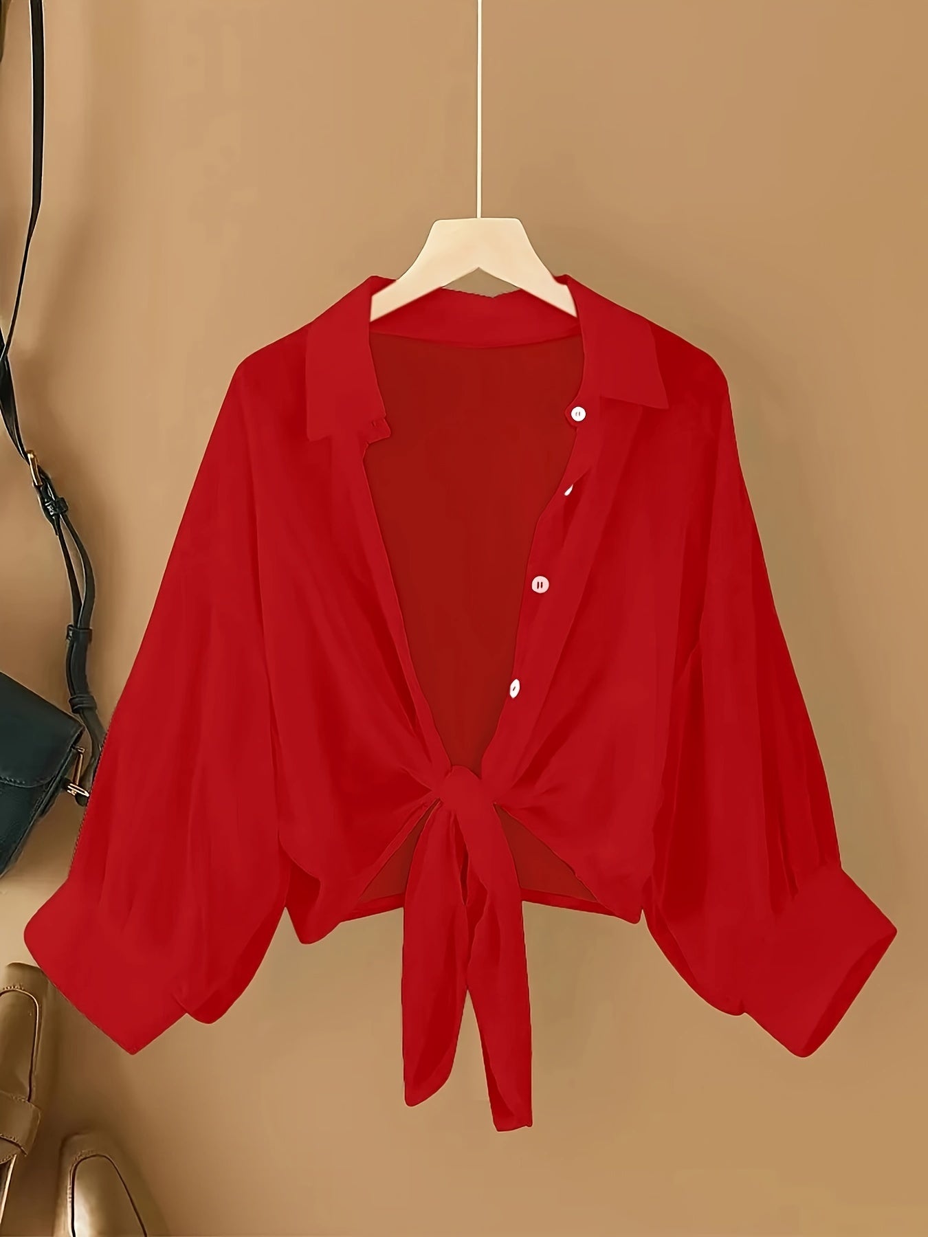 Solid Single Button Chiffon Blouse, Versatile Drop Shoulder Blouse For Spring & Fall, Women's Clothing