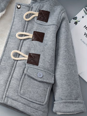 Kid's Preppy Style Fleece Lining Jacket, Warm Woolen Buttons Hooded Coat, Boy's Clothes For Fall Winter Outdoor, As Gift