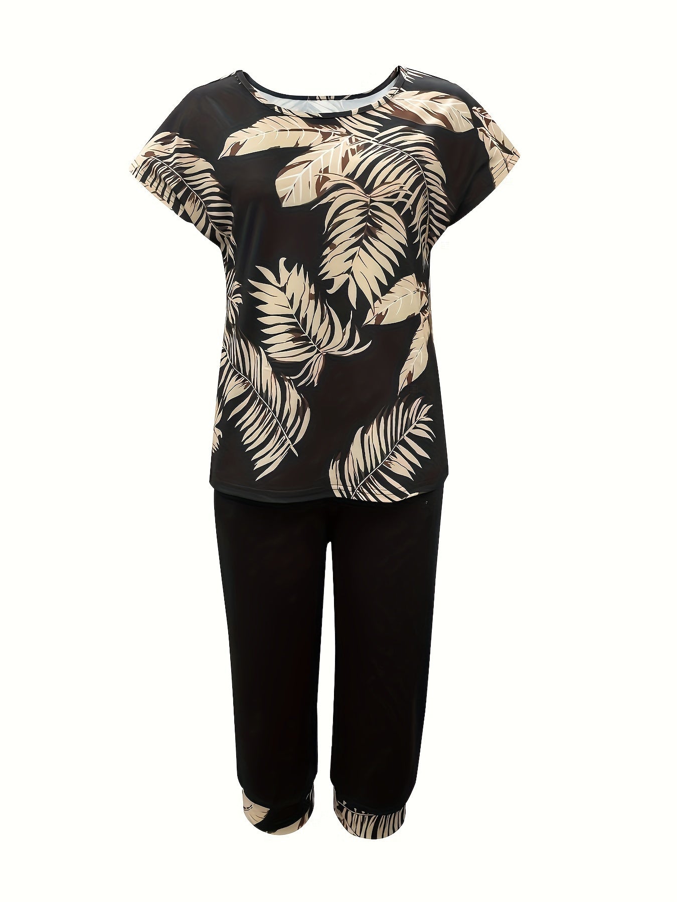 Trendy Leaf Print Womens Capri Pants Set - Lightweight Short Sleeve Top with Comfortable Crew Neck & Sleek Straight Leg Pants, Stylish Casual Outfit for Everyday Wear