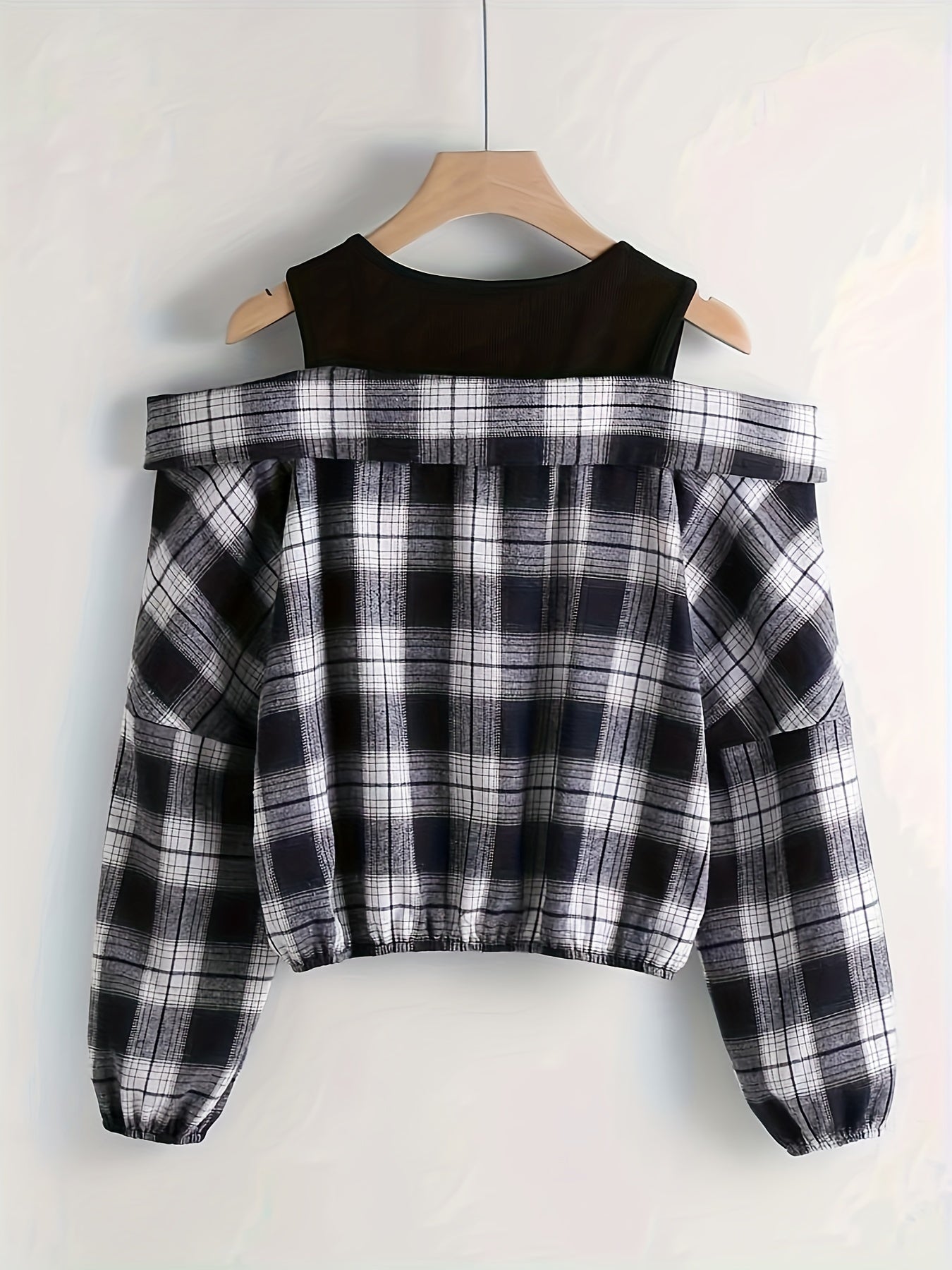 Plaid Print Cold Shoulder Blouse, Casual Long Sleeve Quarter Zip Top For Spring & Fall, Women's Clothing