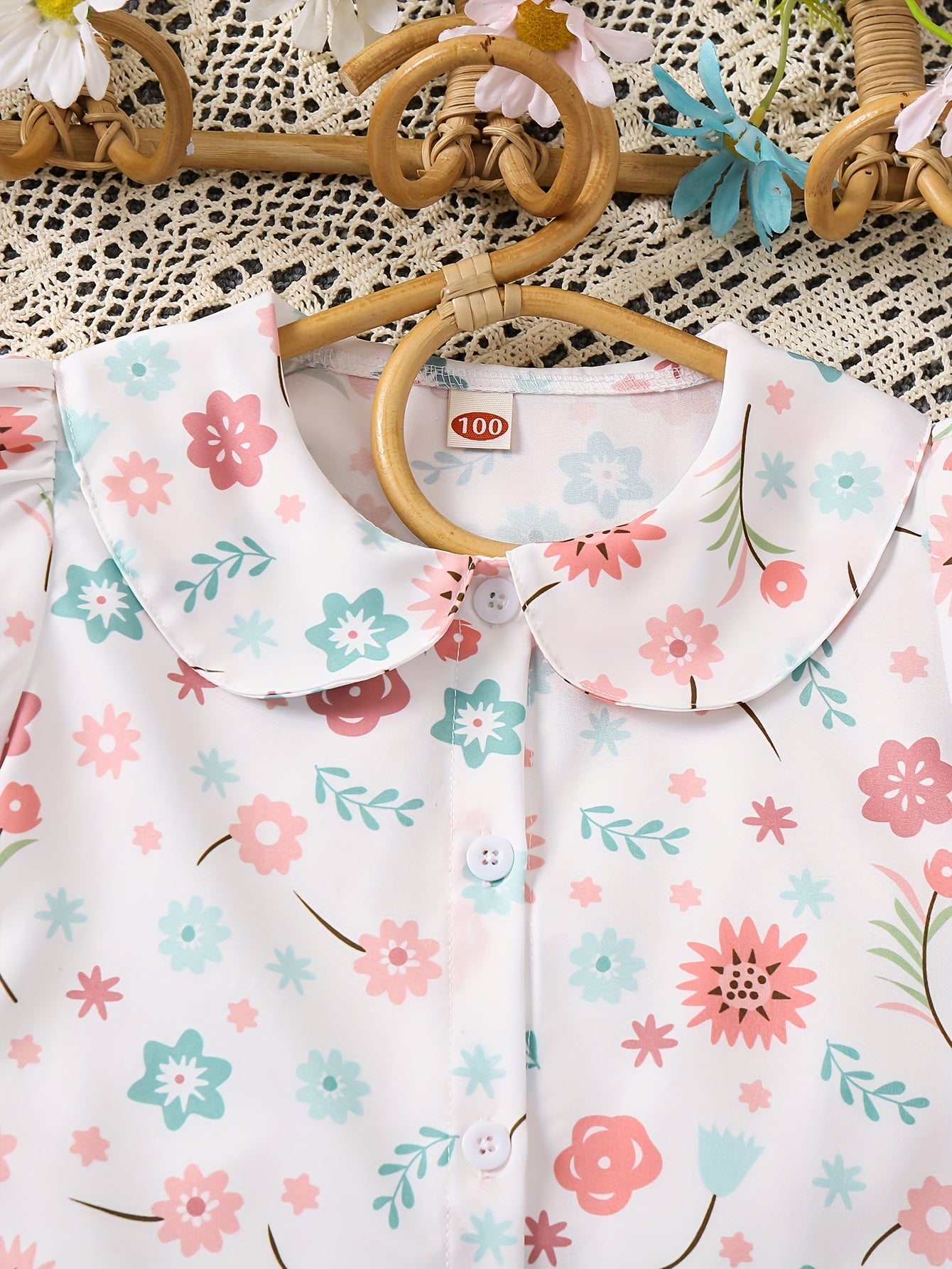 Young Girls Ditsy Floral Doll Collar Puff Short Sleeve Shirt Cute Blouse For Spring Summer