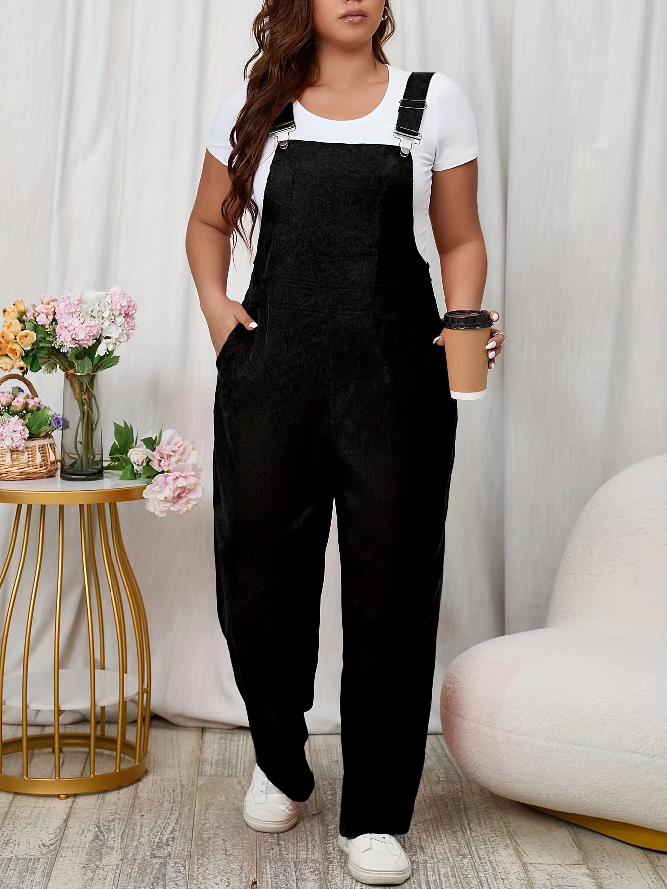 Plus Size Solid Buckle Overall Jumpsuit, Casual Sleeveless Pocket Jumpsuit, Women's Plus Size Clothing