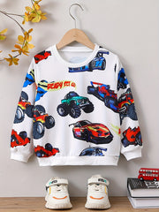 Cartoon Car Print Boys Casual Creative Pullover Sweatshirt, Long Sleeve Crew Neck Tops, Kids Clothing Outdoor