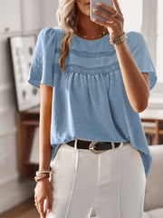 Lace Splicing Crew Neck Blouse, Casual Short Sleeve Top For Spring & Summer, Women's Clothing