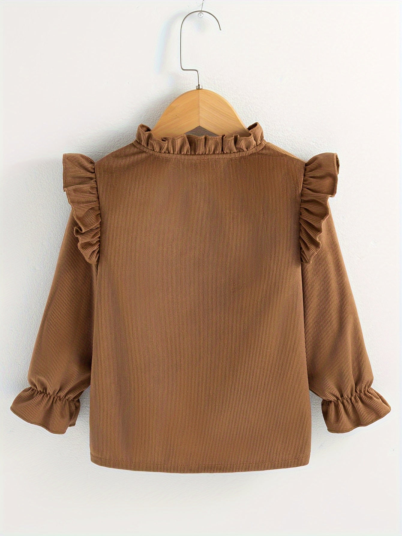 Girls Casual & Trendy Long Sleeve Ruffle Trim Button Up Ribbed Blouse Top For Spring & Fall