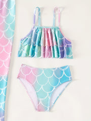 3pc Mermaid Swimsuit Set for Girls - Shimmering Scale Pattern, Includes Tail & Bikini - Perfect for Pool Parties, Cosplay & Beach Fun