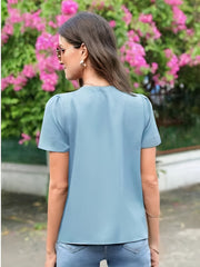 Solid V Neck Blouse, Elegant Short Sleeve Scallop Trim Blouse For Spring & Summer, Women's Clothing