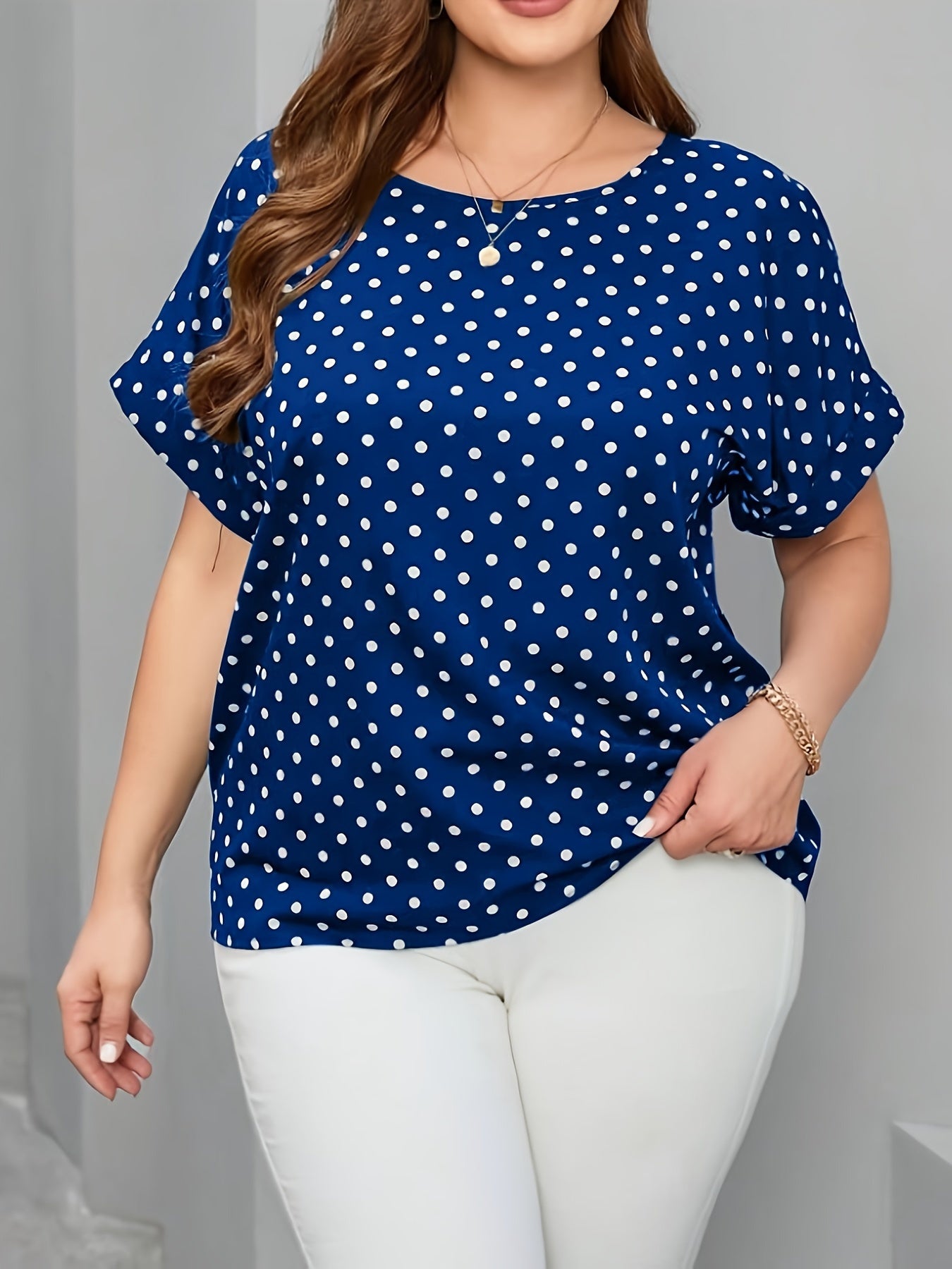 Plus Size Polka Dot Print T-shirt, Elegant Short Sleeve Crew Neck Top For Spring & Summer, Women's Plus Size Clothing