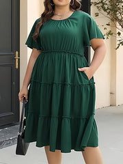 Plus Size Solid Tiered Lettuce Trim Dress, Elegant Pocket Ruched Short Sleeve Crew Neck Dress For Spring & Summer, Women's Plus Size Clothing