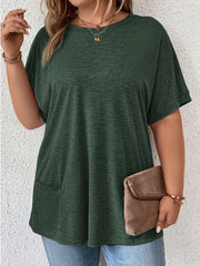 Plus Size Solid Color Pocket T-shirt - Flattering Batwing Sleeve, Classic Crew Neck, Casual Relaxed Fit, Convenient Pocket - Perfect for Spring and Summer, Womens Plus Size Clothing