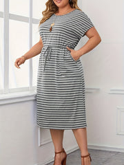 Plus Size Fitted Crew Neck Striped Print Dress - Soft Medium Stretch Knit Fabric, Drawstring Details, Casual Short Sleeve Style for Spring & Summer - Womens Comfortable Everyday Wear