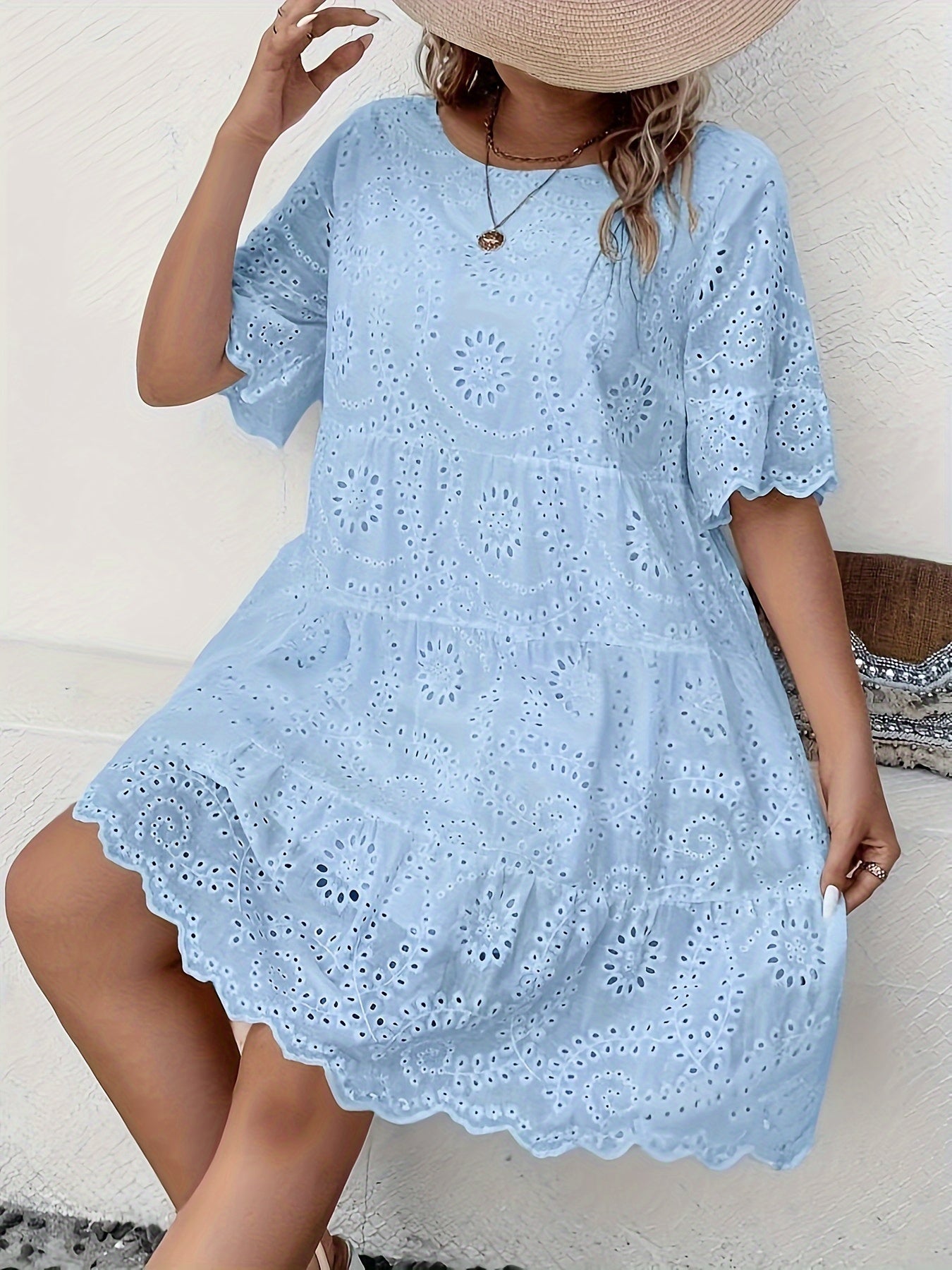 Plus Size Eyelet Embroidery Solid Dress, Elegant Scallop Trim Cut Out Short Sleeve Crew Neck Dress, Women's Plus Size Clothing