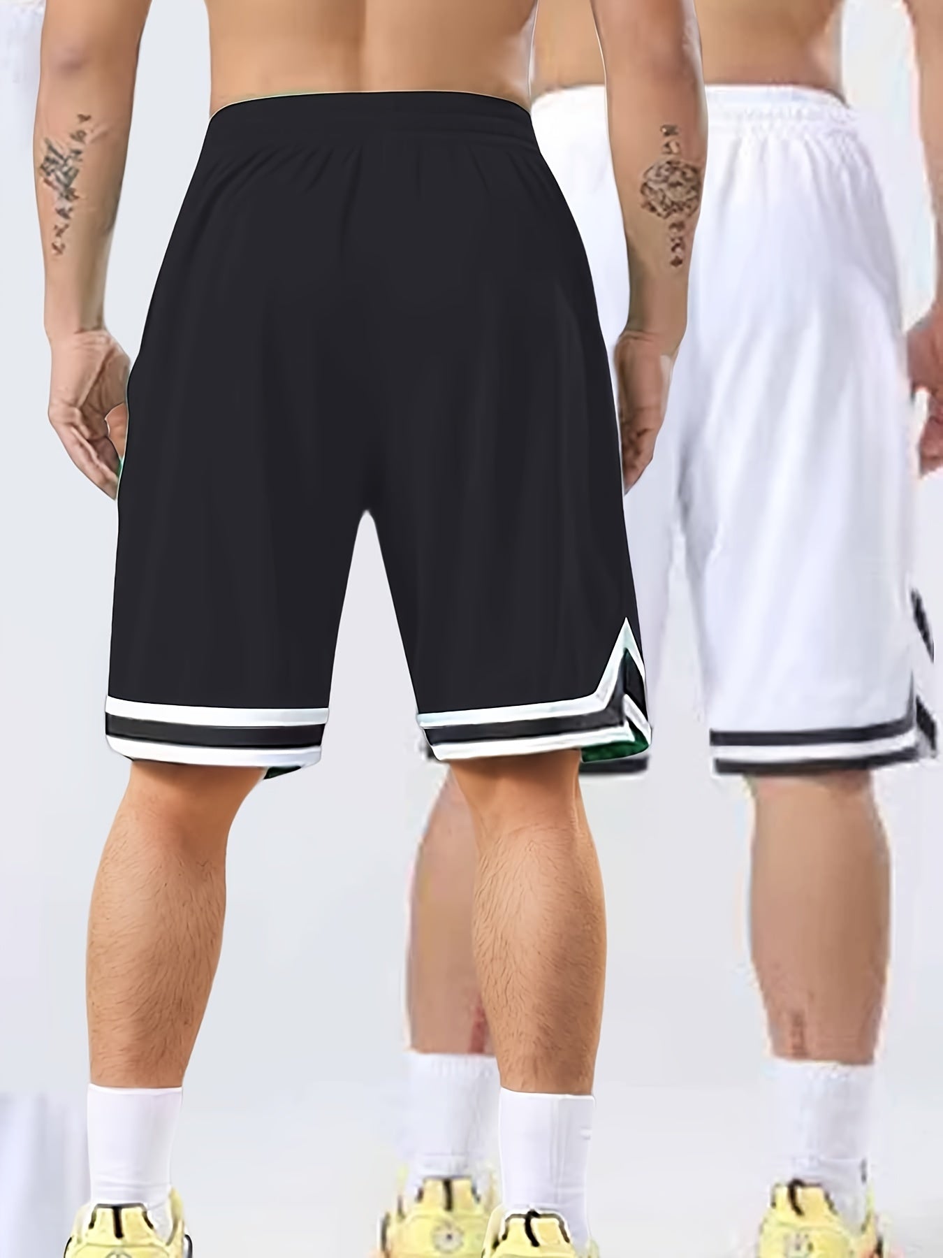 Two-Piece Mens Loose Fit Contrast Color Stripe Shorts Set - Drawstring Waist, Two Side Pockets, Breathable Slight Stretch Polyester Fabric, Ideal for Summer Fitness, Outdoor Sports, and Daily Casual Wear