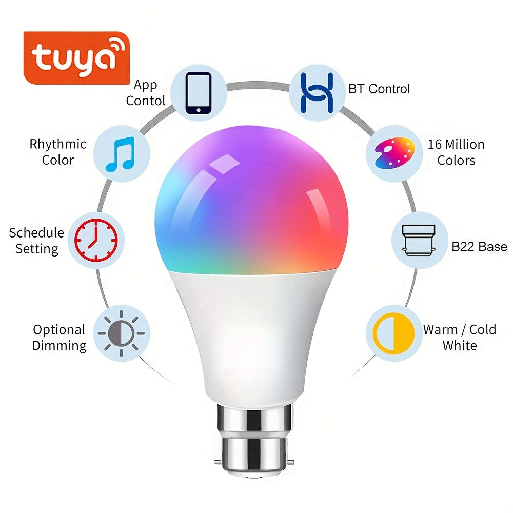 1PCS B22 LED WiFi Smart Light Bulb, RGB Smart Bulbs, 10W B22 Tuya APP Bulbs, Dimmable 16 Million Colours Changing Light Bulbs BT Control, 10W B22 Smart Tuya Bulbs Seting Timers, Scene And Music Sync, Voice Control