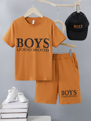 2pcs Boys Casual BOYS GOOD MOOD Letter Graphic Print Short Sleeve T-shirt & Shorts Set, Comfy Summer Boys Clothes