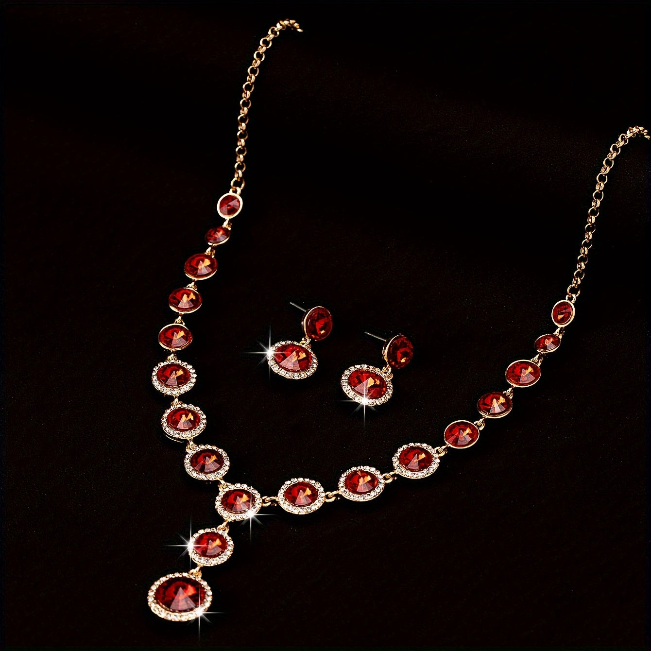 Luxurious 3pcs Jewelry Set with Sparkling Red Gemstone - Necklace, Earrings & Ring for Women | Perfect for Weddings & Evening Gowns