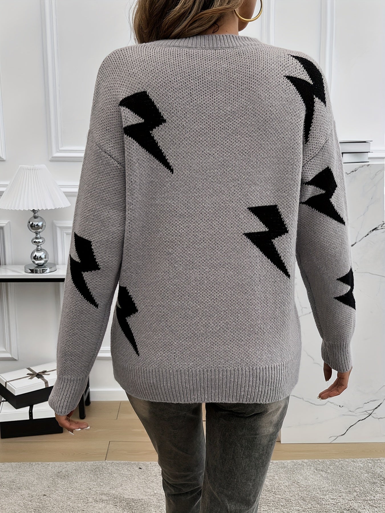 Lightning Pattern Crew Neck Pullover Sweater, Elegant Ribbed Long Sleeve Knitted Sweater For Fall & Winter, Women's Clothing