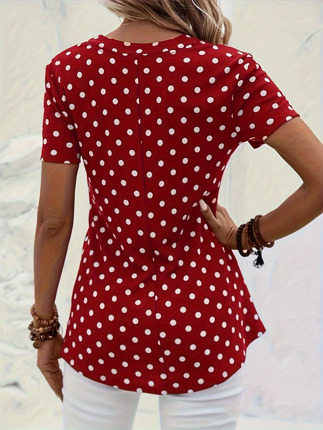 Polka Dots Print V Neck Blouse, Elegant Zipper Front Short Sleeve Blouse For Spring & Summer, Women's Clothing