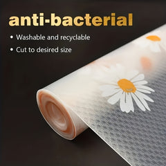 Anti-Bacterial Plastic Shelf Liner Roll – Washable & Recyclable Drawer Mat, Multi-Purpose Cabinet Non-Adhesive Grip Pad for Kitchen, Fridge, Table with Daisy Design (1 Roll)