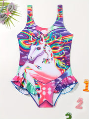 Trendy Unicorn Graphic Ruffle Trim 1-piece Swimsuit Kids Clothes For Summer Gift