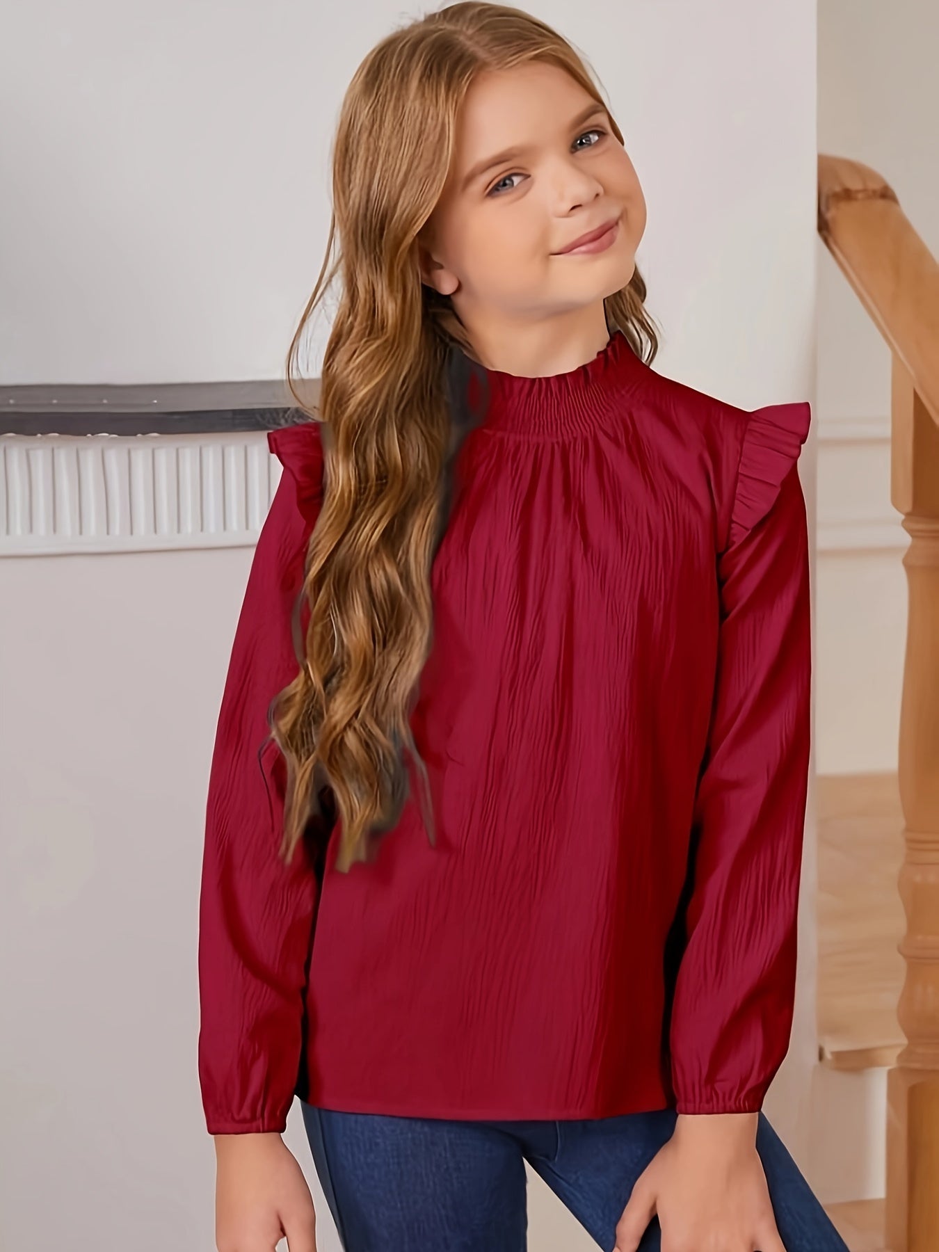 Girls Elegant Loose-fitting Solid Color Shirt With Ruffled Collar, Suitable For Everyday Spring/ Fall