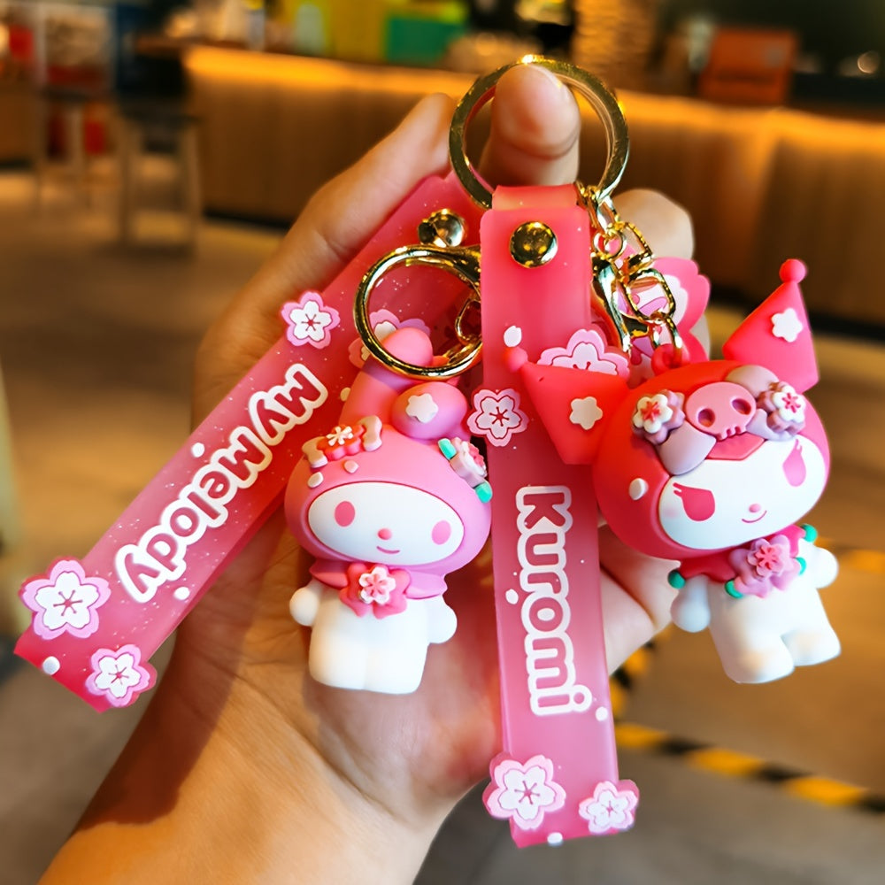 Sanrio Hello Kitty Sakura Pink Doll Keychain With Floral Charm, Cute Cartoon Durable Pendant For Men