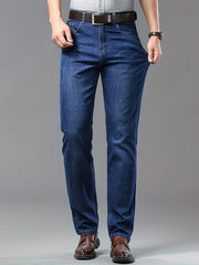 Men's Solid Denim Pants With Pockets, Formal Cotton Blend Jeans For Summer Outdoor Activities