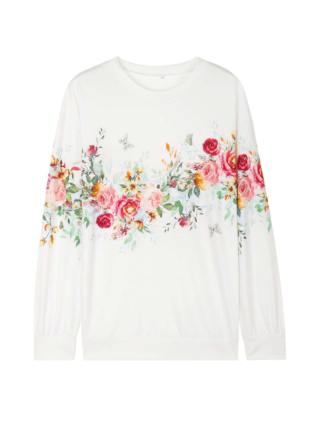 Chic Floral Print Womens Loose Sweatshirt - Comfortable Crew Neck Long Sleeve Top for Casual Everyday Style