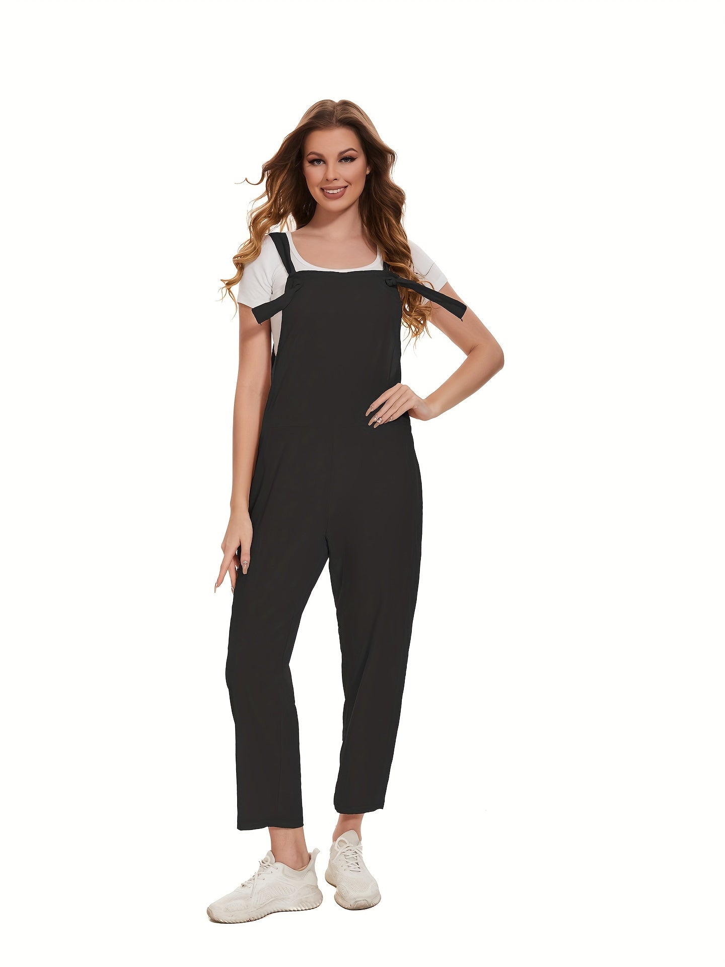 Plus Size Solid Color Wide Strap Jumpsuit, Casual Sleeveless Straight Leg Jumpsuit For Spring & Summer, Women's Plus Size Clothing