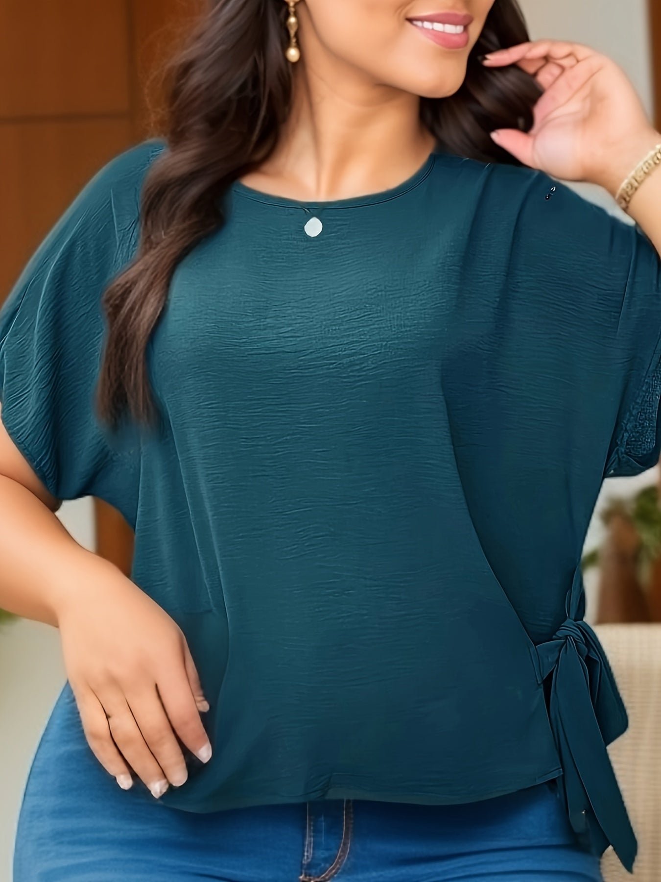 Plus Size Casual Crew Neck Short Sleeve Lace Up Top - Soft Slight Stretch Polyester Fabric, Solid Color, No Printing, Knit Fabric, Perfect for All Seasons