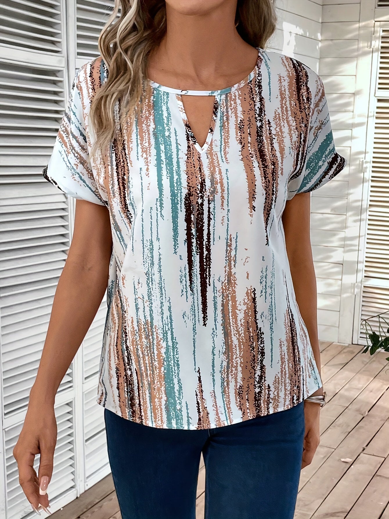 Abstract Print Keyhole Crew Neck Blouse, Casual Short Sleeve Blouse For Spring & Summer, Women's Clothing