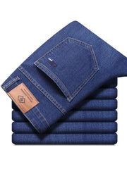 Men's Solid Denim Pants With Pockets, Formal Cotton Blend Jeans For Summer Outdoor Activities