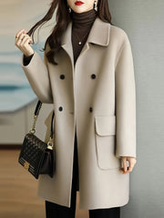 Double-breasted Flap Pockets Coat, Elegant Solid Long Sleeve Thigh Length Collared Coat For Fall & Winter, Women's Clothing